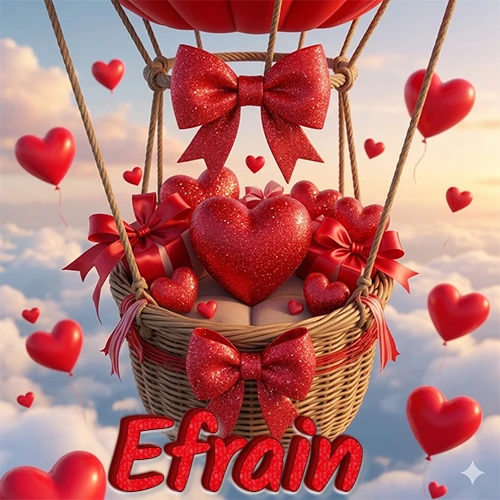 Una canasta de globo aerostático de madera volando en el cielo entre las nubes, cargada de grandes corazones rojos y regalos envueltos con lazos brillantes que expresan libertad y amor. El nombre Efrain está escrito en el diseño.