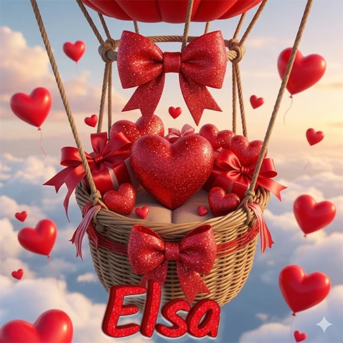 Una canasta de globo aerostático de madera volando en el cielo entre las nubes, cargada de grandes corazones rojos y regalos envueltos con lazos brillantes que expresan libertad y amor. El nombre Elsa está escrito en el diseño. Una canasta de globo aerostático de madera volando en el cielo entre las nubes, cargada de grandes corazones rojos y regalos envueltos con lazos brillantes que expresan libertad y amor. El nombre Elsa está escrito en el diseño.