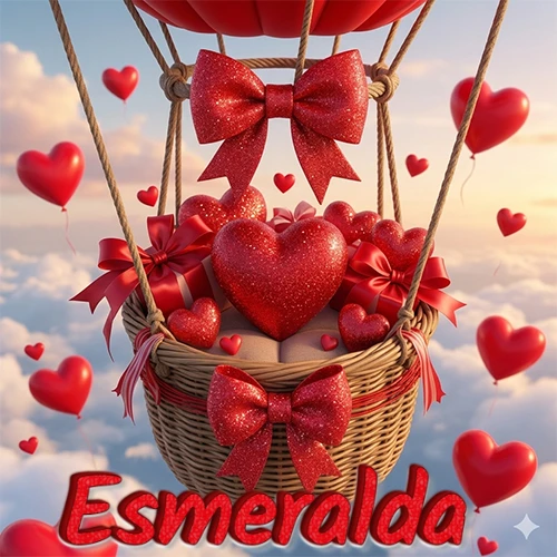 Una canasta de globo aerostático de madera volando en el cielo entre las nubes, cargada de grandes corazones rojos y regalos envueltos con lazos brillantes que expresan libertad y amor. El nombre Esmeralda está escrito en el diseño. Una canasta de globo aerostático de madera volando en el cielo entre las nubes, cargada de grandes corazones rojos y regalos envueltos con lazos brillantes que expresan libertad y amor. El nombre Esmeralda está escrito en el diseño.