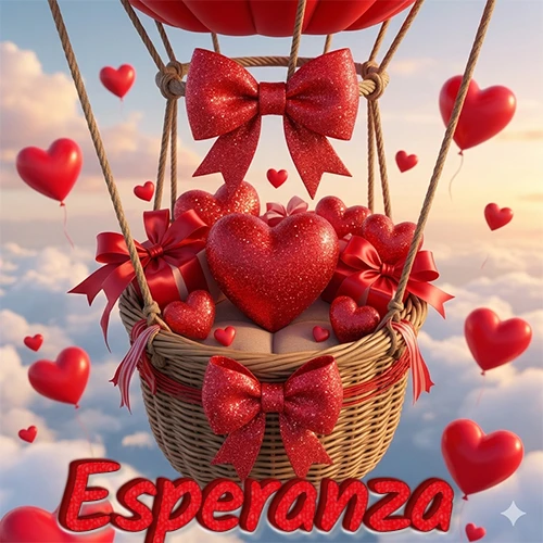 Una canasta de globo aerostático de madera volando en el cielo entre las nubes, cargada de grandes corazones rojos y regalos envueltos con lazos brillantes que expresan libertad y amor. El nombre Esperanza está escrito en el diseño.