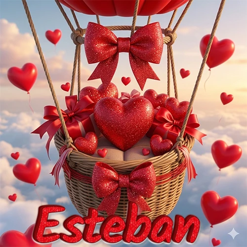 Una canasta de globo aerostático de madera volando en el cielo entre las nubes, cargada de grandes corazones rojos y regalos envueltos con lazos brillantes que expresan libertad y amor. El nombre Esteban está escrito en el diseño.