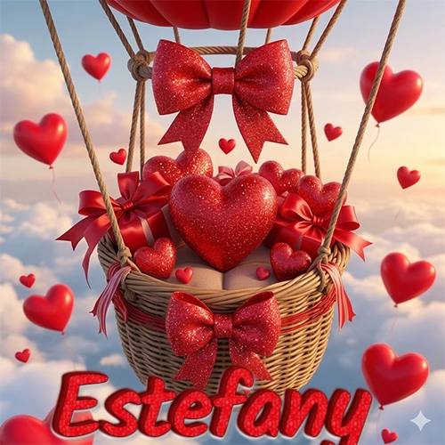 Una canasta de globo aerostático de madera volando en el cielo entre las nubes, cargada de grandes corazones rojos y regalos envueltos con lazos brillantes que expresan libertad y amor. El nombre Estefany está escrito en el diseño.