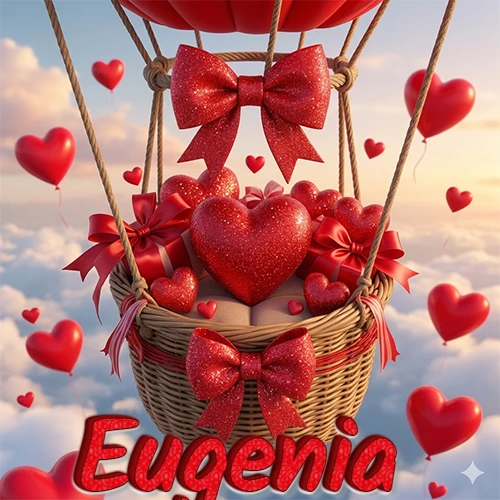 Una canasta de globo aerostático de madera volando en el cielo entre las nubes, cargada de grandes corazones rojos y regalos envueltos con lazos brillantes que expresan libertad y amor. El nombre Eugenia está escrito en el diseño.
