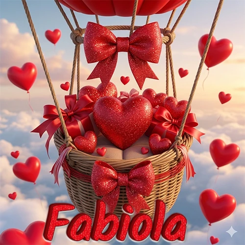 Una canasta de globo aerostático de madera volando en el cielo entre las nubes, cargada de grandes corazones rojos y regalos envueltos con lazos brillantes que expresan libertad y amor. El nombre Fabiola está escrito en el diseño.