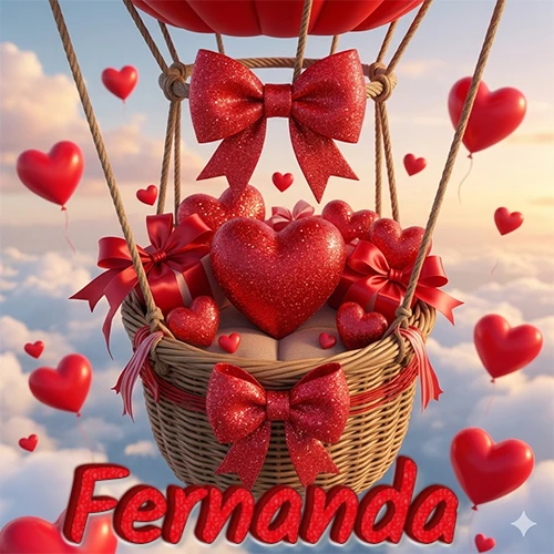 Una canasta de globo aerostático de madera volando en el cielo entre las nubes, cargada de grandes corazones rojos y regalos envueltos con lazos brillantes que expresan libertad y amor. El nombre Fernanda está escrito en el diseño.