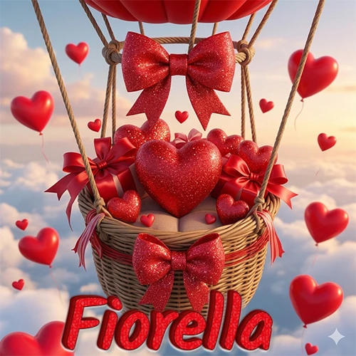 Una canasta de globo aerostático de madera volando en el cielo entre las nubes, cargada de grandes corazones rojos y regalos envueltos con lazos brillantes que expresan libertad y amor. El nombre Fiorella está escrito en el diseño.