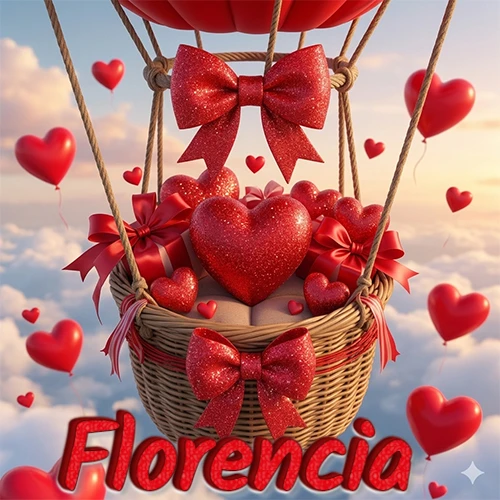 Una canasta de globo aerostático de madera volando en el cielo entre las nubes, cargada de grandes corazones rojos y regalos envueltos con lazos brillantes que expresan libertad y amor. El nombre Florencia está escrito en el diseño. Una canasta de globo aerostático de madera volando en el cielo entre las nubes, cargada de grandes corazones rojos y regalos envueltos con lazos brillantes que expresan libertad y amor. El nombre Florencia está escrito en el diseño.