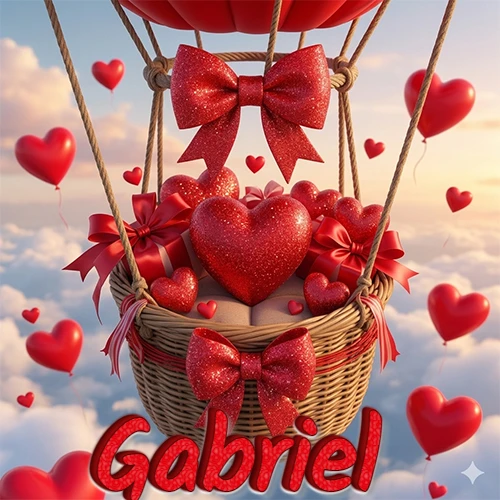 Una canasta de globo aerostático de madera volando en el cielo entre las nubes, cargada de grandes corazones rojos y regalos envueltos con lazos brillantes que expresan libertad y amor. El nombre Gabriel está escrito en el diseño. Una canasta de globo aerostático de madera volando en el cielo entre las nubes, cargada de grandes corazones rojos y regalos envueltos con lazos brillantes que expresan libertad y amor. El nombre Gabriel está escrito en el diseño.