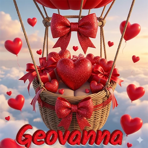 Una canasta de globo aerostático de madera volando en el cielo entre las nubes, cargada de grandes corazones rojos y regalos envueltos con lazos brillantes que expresan libertad y amor. El nombre Geovanna está escrito en el diseño.