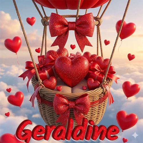 Una canasta de globo aerostático de madera volando en el cielo entre las nubes, cargada de grandes corazones rojos y regalos envueltos con lazos brillantes que expresan libertad y amor. El nombre Geraldine está escrito en el diseño.