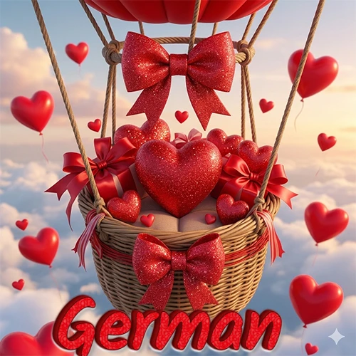 Una canasta de globo aerostático de madera volando en el cielo entre las nubes, cargada de grandes corazones rojos y regalos envueltos con lazos brillantes que expresan libertad y amor. El nombre German está escrito en el diseño.