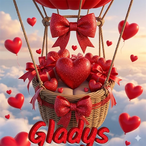 Una canasta de globo aerostático de madera volando en el cielo entre las nubes, cargada de grandes corazones rojos y regalos envueltos con lazos brillantes que expresan libertad y amor. El nombre Gladys está escrito en el diseño.