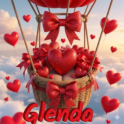 Una canasta de globo aerostático de madera volando en el cielo entre las nubes, cargada de grandes corazones rojos y regalos envueltos con lazos brillantes que expresan libertad y amor. El nombre Glenda está escrito en el diseño.