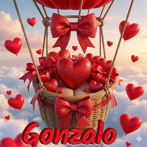 Una canasta de globo aerostático de madera volando en el cielo entre las nubes, cargada de grandes corazones rojos y regalos envueltos con lazos brillantes que expresan libertad y amor. El nombre Gonzalo está escrito en el diseño.