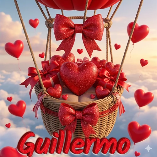 Una canasta de globo aerostático de madera volando en el cielo entre las nubes, cargada de grandes corazones rojos y regalos envueltos con lazos brillantes que expresan libertad y amor. El nombre Guillermo está escrito en el diseño.