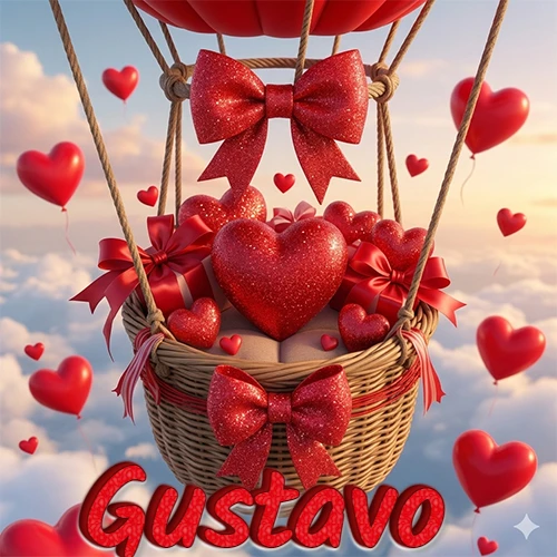 Una canasta de globo aerostático de madera volando en el cielo entre las nubes, cargada de grandes corazones rojos y regalos envueltos con lazos brillantes que expresan libertad y amor. El nombre Gustavo está escrito en el diseño.