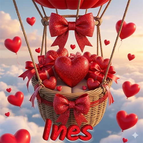 Una canasta de globo aerostático de madera volando en el cielo entre las nubes, cargada de grandes corazones rojos y regalos envueltos con lazos brillantes que expresan libertad y amor. El nombre Ines está escrito en el diseño.