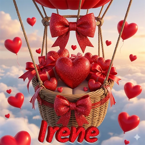 Una canasta de globo aerostático de madera volando en el cielo entre las nubes, cargada de grandes corazones rojos y regalos envueltos con lazos brillantes que expresan libertad y amor. El nombre Irene está escrito en el diseño. Una canasta de globo aerostático de madera volando en el cielo entre las nubes, cargada de grandes corazones rojos y regalos envueltos con lazos brillantes que expresan libertad y amor. El nombre Irene está escrito en el diseño.