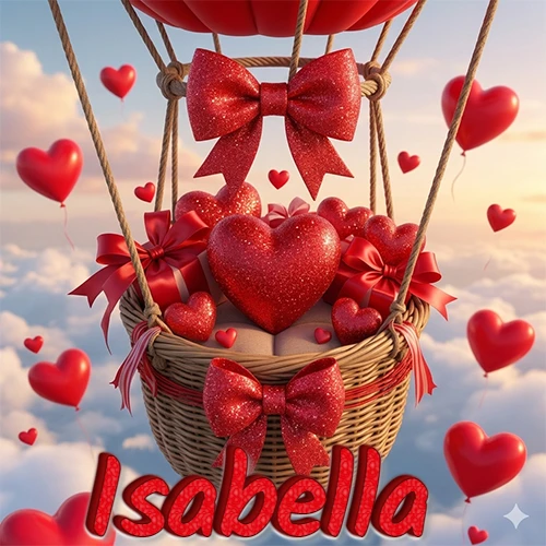 Una canasta de globo aerostático de madera volando en el cielo entre las nubes, cargada de grandes corazones rojos y regalos envueltos con lazos brillantes que expresan libertad y amor. El nombre Isabella está escrito en el diseño.