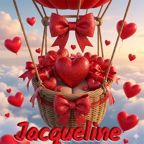 Una canasta de globo aerostático de madera volando en el cielo entre las nubes, cargada de grandes corazones rojos y regalos envueltos con lazos brillantes que expresan libertad y amor. El nombre Jacqueline está escrito en el diseño.