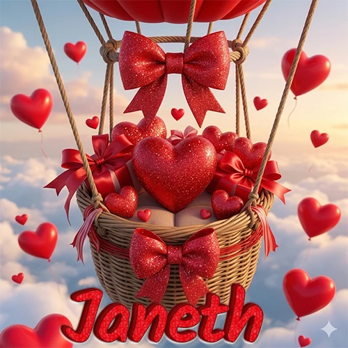 Una canasta de globo aerostático de madera volando en el cielo entre las nubes, cargada de grandes corazones rojos y regalos envueltos con lazos brillantes que expresan libertad y amor. El nombre Janeth está escrito en el diseño.