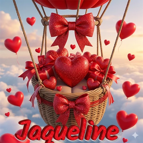 Una canasta de globo aerostático de madera volando en el cielo entre las nubes, cargada de grandes corazones rojos y regalos envueltos con lazos brillantes que expresan libertad y amor. El nombre Jaqueline está escrito en el diseño.