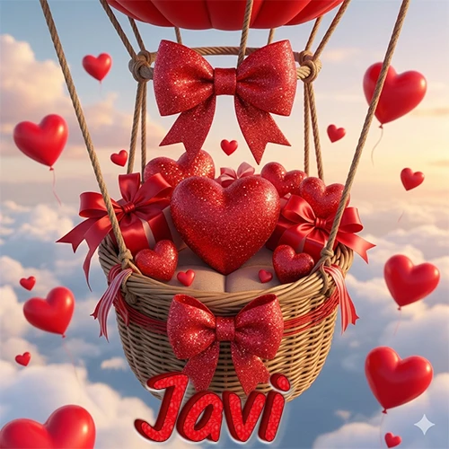 Una canasta de globo aerostático de madera volando en el cielo entre las nubes, cargada de grandes corazones rojos y regalos envueltos con lazos brillantes que expresan libertad y amor. El nombre Javi está escrito en el diseño.