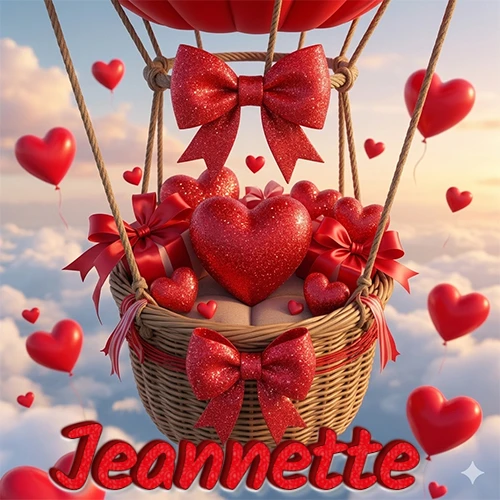 Una canasta de globo aerostático de madera volando en el cielo entre las nubes, cargada de grandes corazones rojos y regalos envueltos con lazos brillantes que expresan libertad y amor. El nombre Jeannette está escrito en el diseño.