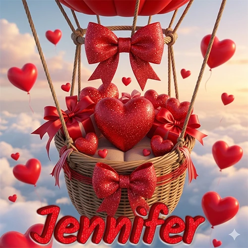 Una canasta de globo aerostático de madera volando en el cielo entre las nubes, cargada de grandes corazones rojos y regalos envueltos con lazos brillantes que expresan libertad y amor. El nombre Jennifer está escrito en el diseño.