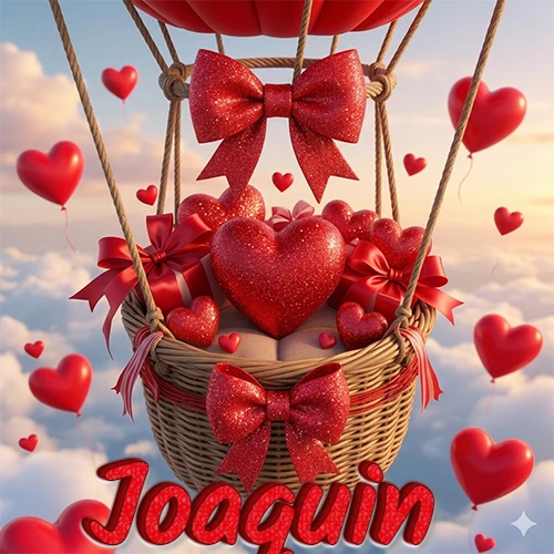 Una canasta de globo aerostático de madera volando en el cielo entre las nubes, cargada de grandes corazones rojos y regalos envueltos con lazos brillantes que expresan libertad y amor. El nombre Joaquin está escrito en el diseño.