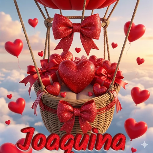 Una canasta de globo aerostático de madera volando en el cielo entre las nubes, cargada de grandes corazones rojos y regalos envueltos con lazos brillantes que expresan libertad y amor. El nombre Joaquina está escrito en el diseño.