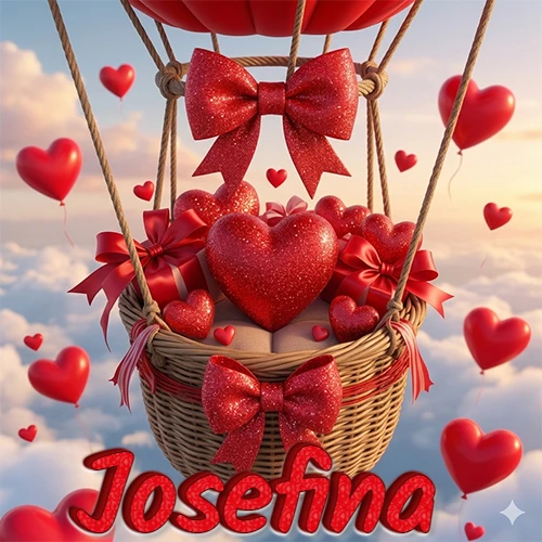 Una canasta de globo aerostático de madera volando en el cielo entre las nubes, cargada de grandes corazones rojos y regalos envueltos con lazos brillantes que expresan libertad y amor. El nombre Josefina está escrito en el diseño.