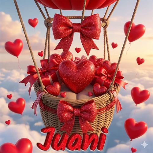 Una canasta de globo aerostático de madera volando en el cielo entre las nubes, cargada de grandes corazones rojos y regalos envueltos con lazos brillantes que expresan libertad y amor. El nombre Juani está escrito en el diseño.
