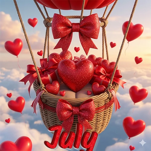 Una canasta de globo aerostático de madera volando en el cielo entre las nubes, cargada de grandes corazones rojos y regalos envueltos con lazos brillantes que expresan libertad y amor. El nombre July está escrito en el diseño.