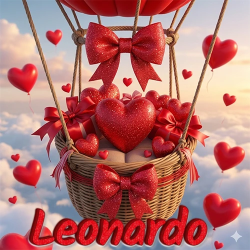 Una canasta de globo aerostático de madera volando en el cielo entre las nubes, cargada de grandes corazones rojos y regalos envueltos con lazos brillantes que expresan libertad y amor. El nombre Leonardo está escrito en el diseño.