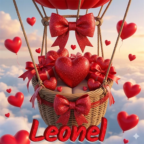 Una canasta de globo aerostático de madera volando en el cielo entre las nubes, cargada de grandes corazones rojos y regalos envueltos con lazos brillantes que expresan libertad y amor. El nombre Leonel está escrito en el diseño.