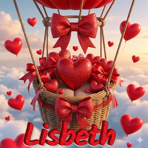 Una canasta de globo aerostático de madera volando en el cielo entre las nubes, cargada de grandes corazones rojos y regalos envueltos con lazos brillantes que expresan libertad y amor. El nombre Lisbeth está escrito en el diseño.