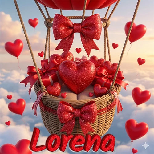 Una canasta de globo aerostático de madera volando en el cielo entre las nubes, cargada de grandes corazones rojos y regalos envueltos con lazos brillantes que expresan libertad y amor. El nombre Lorena está escrito en el diseño.