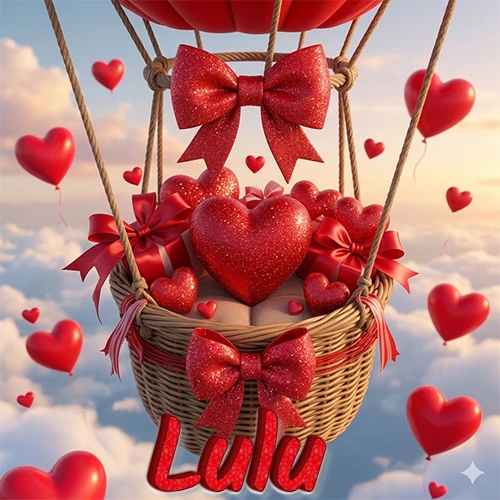 Una canasta de globo aerostático de madera volando en el cielo entre las nubes, cargada de grandes corazones rojos y regalos envueltos con lazos brillantes que expresan libertad y amor. El nombre Lulu está escrito en el diseño.