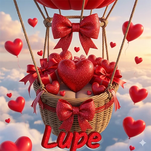Una canasta de globo aerostático de madera volando en el cielo entre las nubes, cargada de grandes corazones rojos y regalos envueltos con lazos brillantes que expresan libertad y amor. El nombre Lupe está escrito en el diseño.
