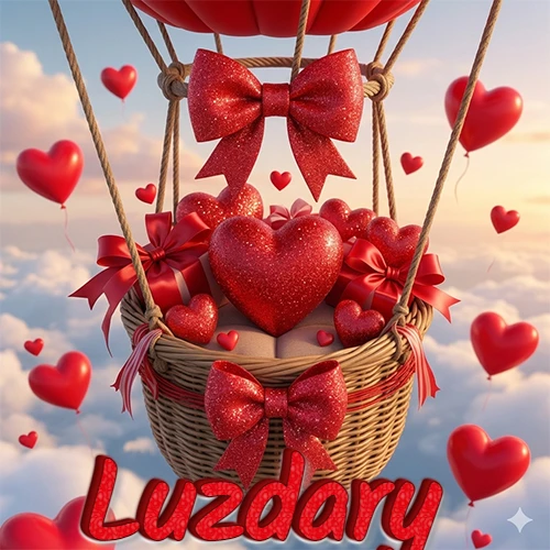 Una canasta de globo aerostático de madera volando en el cielo entre las nubes, cargada de grandes corazones rojos y regalos envueltos con lazos brillantes que expresan libertad y amor. El nombre Luzdary está escrito en el diseño. Una canasta de globo aerostático de madera volando en el cielo entre las nubes, cargada de grandes corazones rojos y regalos envueltos con lazos brillantes que expresan libertad y amor. El nombre Luzdary está escrito en el diseño.