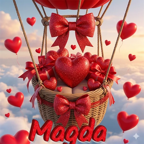 Una canasta de globo aerostático de madera volando en el cielo entre las nubes, cargada de grandes corazones rojos y regalos envueltos con lazos brillantes que expresan libertad y amor. El nombre Magda está escrito en el diseño.