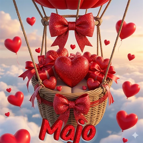 Una canasta de globo aerostático de madera volando en el cielo entre las nubes, cargada de grandes corazones rojos y regalos envueltos con lazos brillantes que expresan libertad y amor. El nombre Majo está escrito en el diseño.