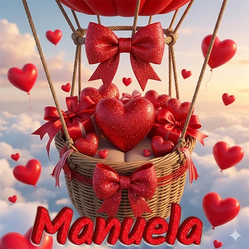 Una canasta de globo aerostático de madera volando en el cielo entre las nubes, cargada de grandes corazones rojos y regalos envueltos con lazos brillantes que expresan libertad y amor. El nombre Manuela está escrito en el diseño. Una canasta de globo aerostático de madera volando en el cielo entre las nubes, cargada de grandes corazones rojos y regalos envueltos con lazos brillantes que expresan libertad y amor. El nombre Manuela está escrito en el diseño.