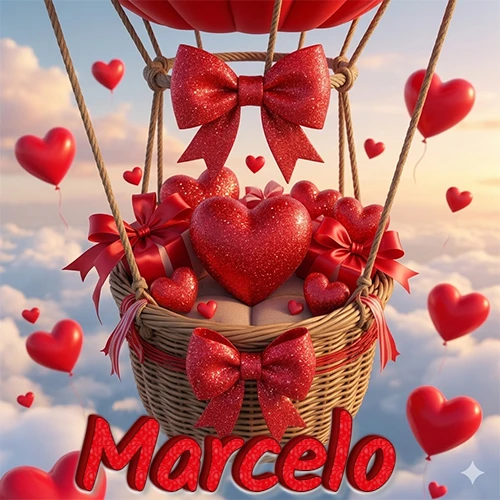 Una canasta de globo aerostático de madera volando en el cielo entre las nubes, cargada de grandes corazones rojos y regalos envueltos con lazos brillantes que expresan libertad y amor. El nombre Marcelo está escrito en el diseño. Una canasta de globo aerostático de madera volando en el cielo entre las nubes, cargada de grandes corazones rojos y regalos envueltos con lazos brillantes que expresan libertad y amor. El nombre Marcelo está escrito en el diseño.