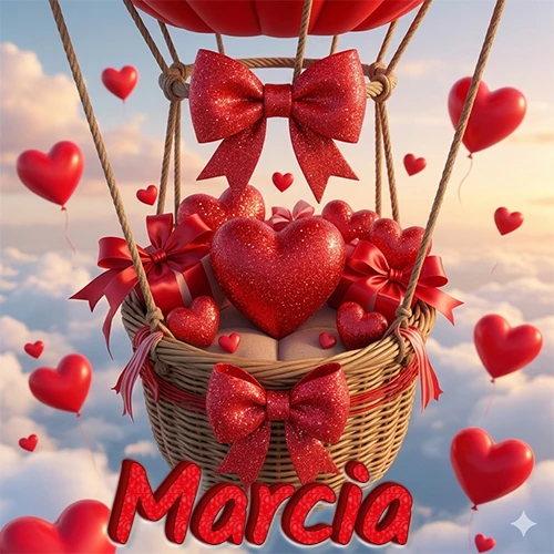 Una canasta de globo aerostático de madera volando en el cielo entre las nubes, cargada de grandes corazones rojos y regalos envueltos con lazos brillantes que expresan libertad y amor. El nombre Marcia está escrito en el diseño.