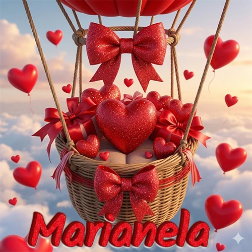 Una canasta de globo aerostático de madera volando en el cielo entre las nubes, cargada de grandes corazones rojos y regalos envueltos con lazos brillantes que expresan libertad y amor. El nombre Marianela está escrito en el diseño.