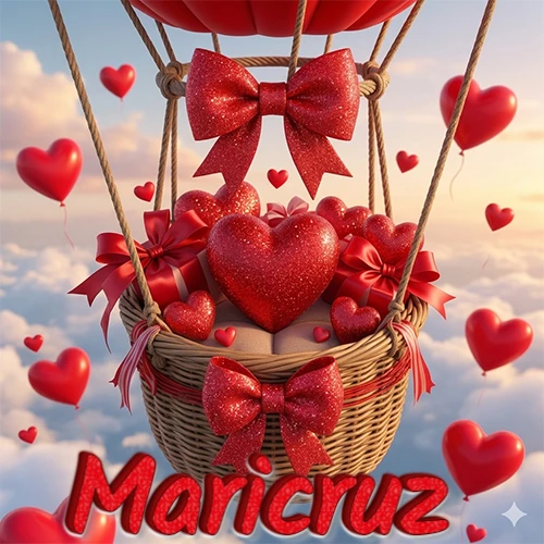 Una canasta de globo aerostático de madera volando en el cielo entre las nubes, cargada de grandes corazones rojos y regalos envueltos con lazos brillantes que expresan libertad y amor. El nombre Maricruz está escrito en el diseño.