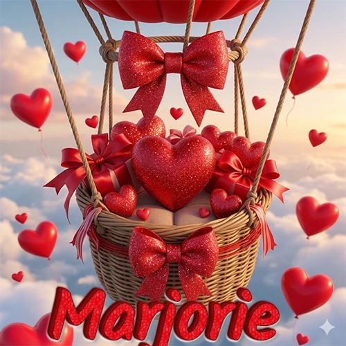 Una canasta de globo aerostático de madera volando en el cielo entre las nubes, cargada de grandes corazones rojos y regalos envueltos con lazos brillantes que expresan libertad y amor. El nombre Marjorie está escrito en el diseño.