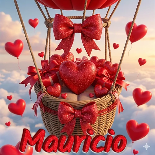 Una canasta de globo aerostático de madera volando en el cielo entre las nubes, cargada de grandes corazones rojos y regalos envueltos con lazos brillantes que expresan libertad y amor. El nombre Mauricio está escrito en el diseño.